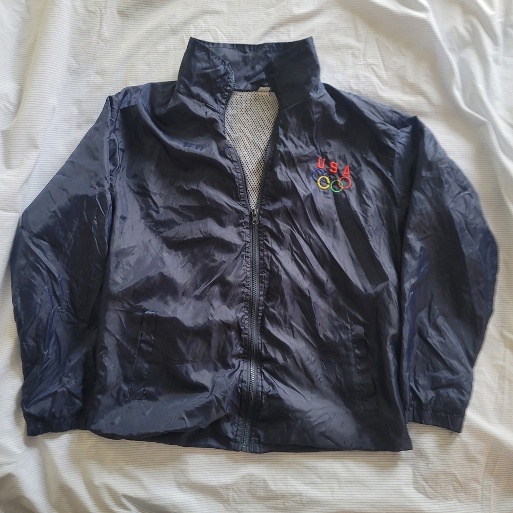 Vintage USA Olympic Windbreaker Jacket Mens Navy Blue Lightweight Track Jacket